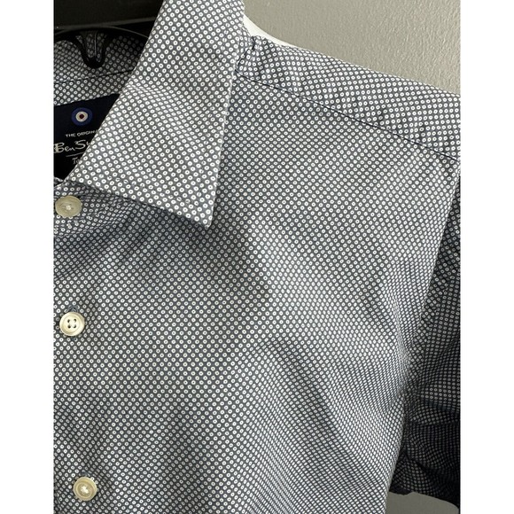 Ben Sherman Mens Shirt XL Stretch Blue Spotted Designer Casual Button Down Style - Picture 2 of 7